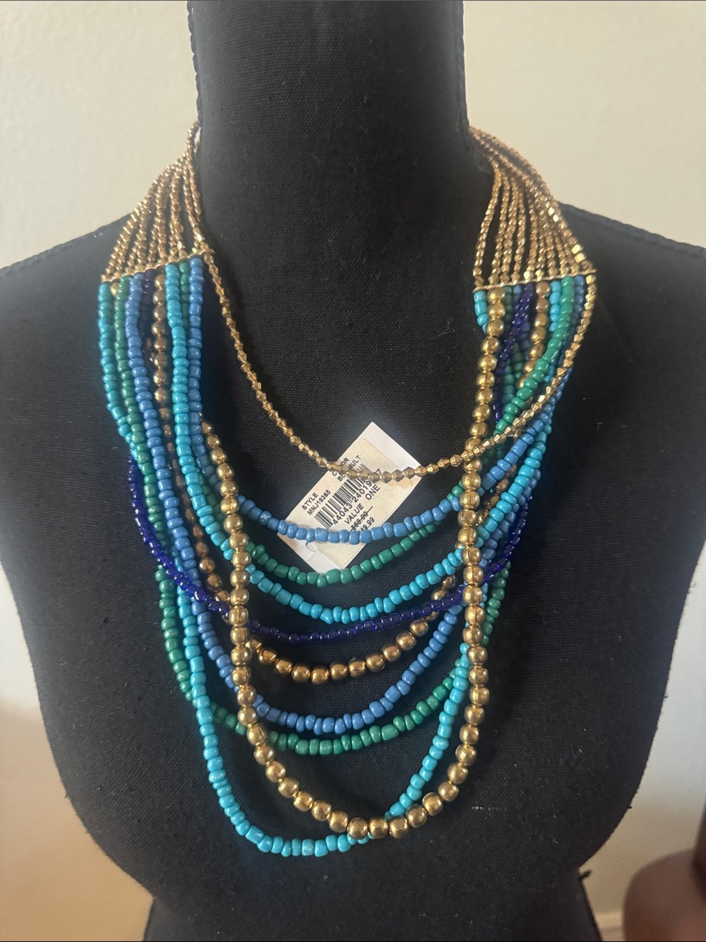 Saks Fifth Avenue Turquoise, Teal, Navy & Gold Multi-Strand Beaded Necklace